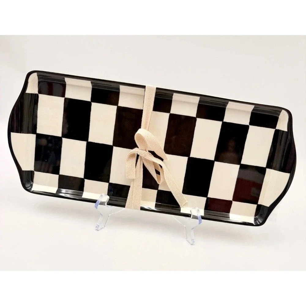 Black and White Checkered Melamine Serving Tray Scalloped Rectangular Platter